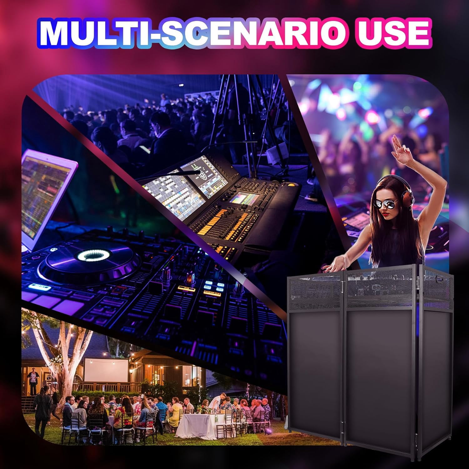 DJ Facade Booth Table 41" x 43"x 20"-Portable with Black&White Lighting Scrims Flat DJ Booth Panel-Black Metal Frame with 2 Extra Wheels for Show, Party (Black)