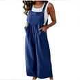 thumbnail image 2 of Usmixi Jumpsuits for Women Dressy Casual Pocket Loose Pleated Hem Cotton Linen Strap Long Jumpsuits Overalls Summer Square Neck Sleeveless Solid Maxi Formal Rompers Blue s, 2 of 7