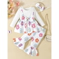 thumbnail image 2 of Suealasg Toddler Girl Fall Winter Clothes 6M 12M 18M 2T 3T Infant Baby Girl Flower Print Bowknot Long Sleeve Tops Flare Pants Headband 3Pcs Autumn Clothes Set, 2 of 8