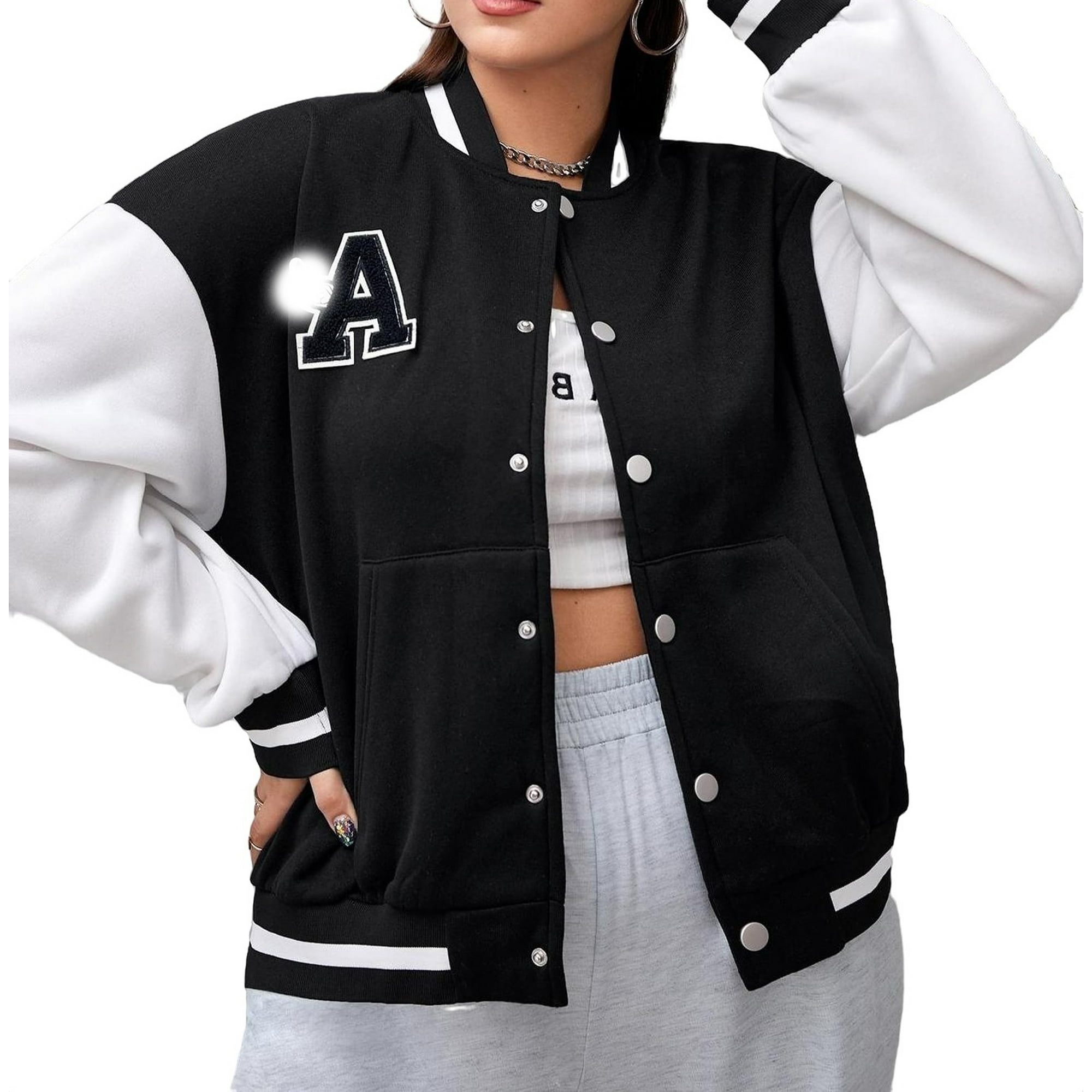 Women's Plus Size Casual Letter Baseball Collar Varsity Long Sleeve Jacket