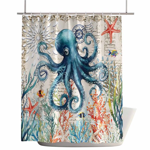 Shower Curtains for Bathroom-72"x72",Summer Ocean Octopus Starfish Coral Waterproof Bath Curtain Grommet Shower Curtain Set with Hooks,Retro Nautical Creature Washable Bath Accessories