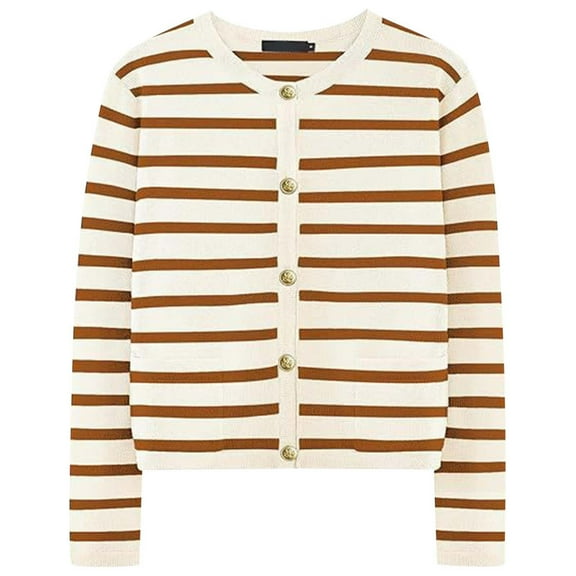 Women's Sweater Stripe Print Long Sleeve Cardigan Button Down Cropped Knitted Pullover Tops