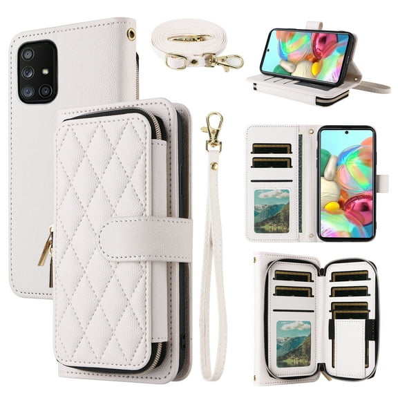 Dswteny Argyle Wallet Case for Samsung Galaxy A51 5G/A 51 5G UW Verizon with Wrist Strap Shoulder Strap Zipper Purse Flip Credit Card Holder Stand Cell Phone Cover for 51A G5 S51 Women Girls White