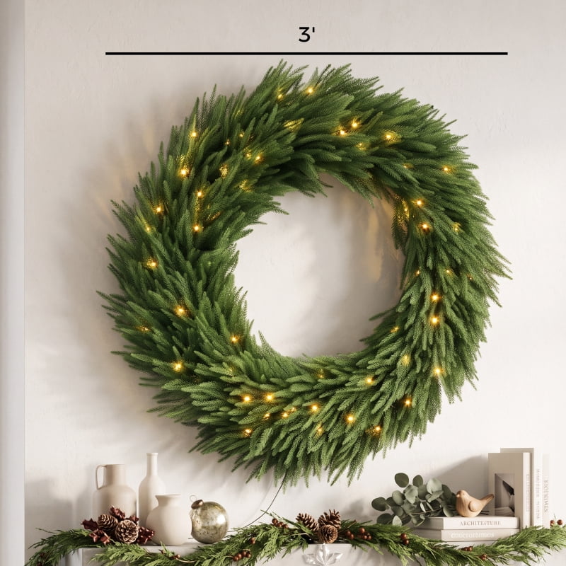 Alvantor Christmas Wreath Pre-Lit Norfolk Pine with 100 LED Lights 48"x48"x7.9" Green