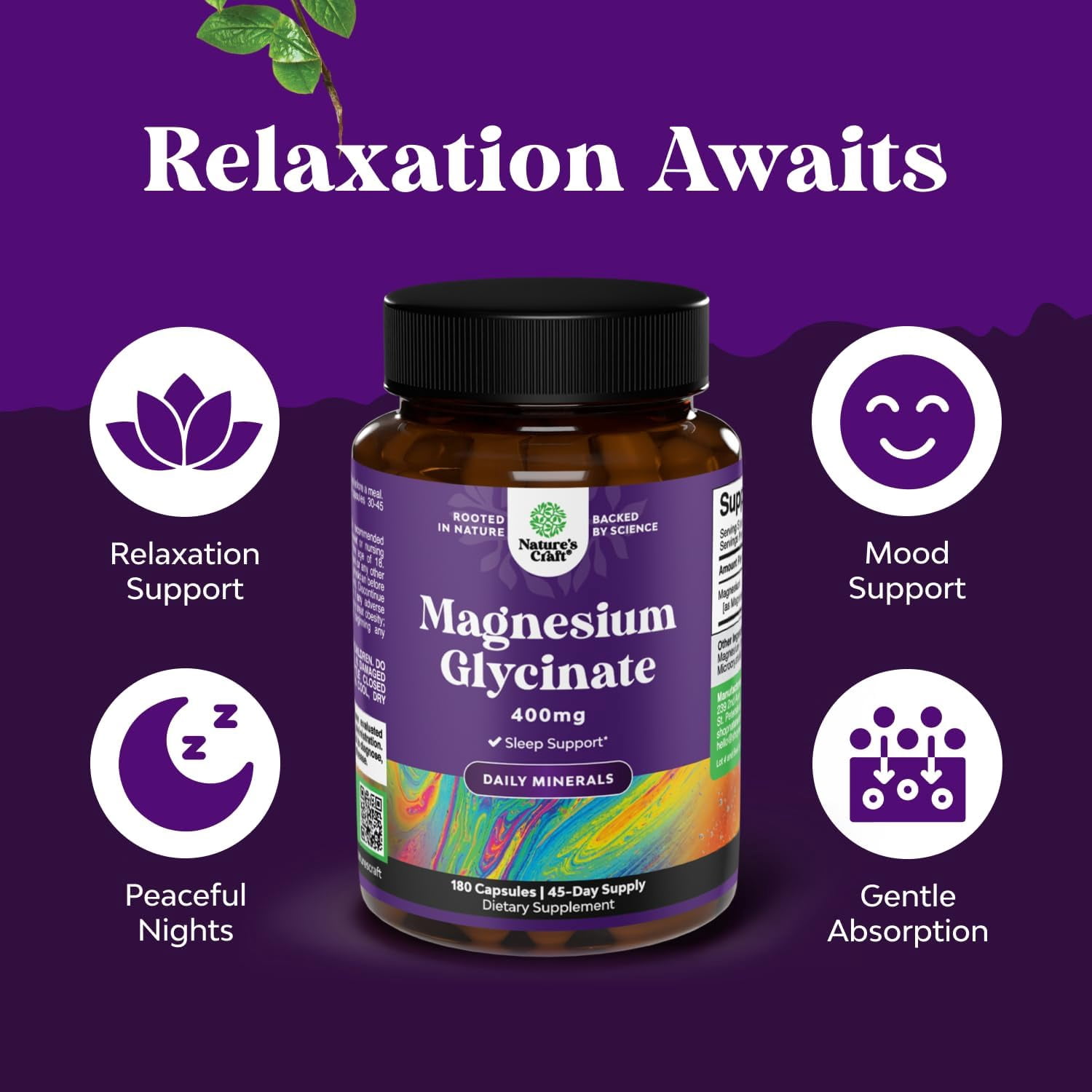 Nature’s Craft Pure Magnesium Glycinate Supplement for Relaxation and Sleep Support, 180 Capsules