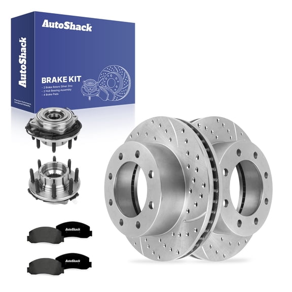 AutoShack Front Vented Drilled Slotted Silver Zinc Coated Brake Rotor   Ceramic Pad   Hub Bearing Assembly 8-PC Kit Replacement for 2011-2012 Ford F-250 Super Duty SilverShield Pro 13.65" (347mm)