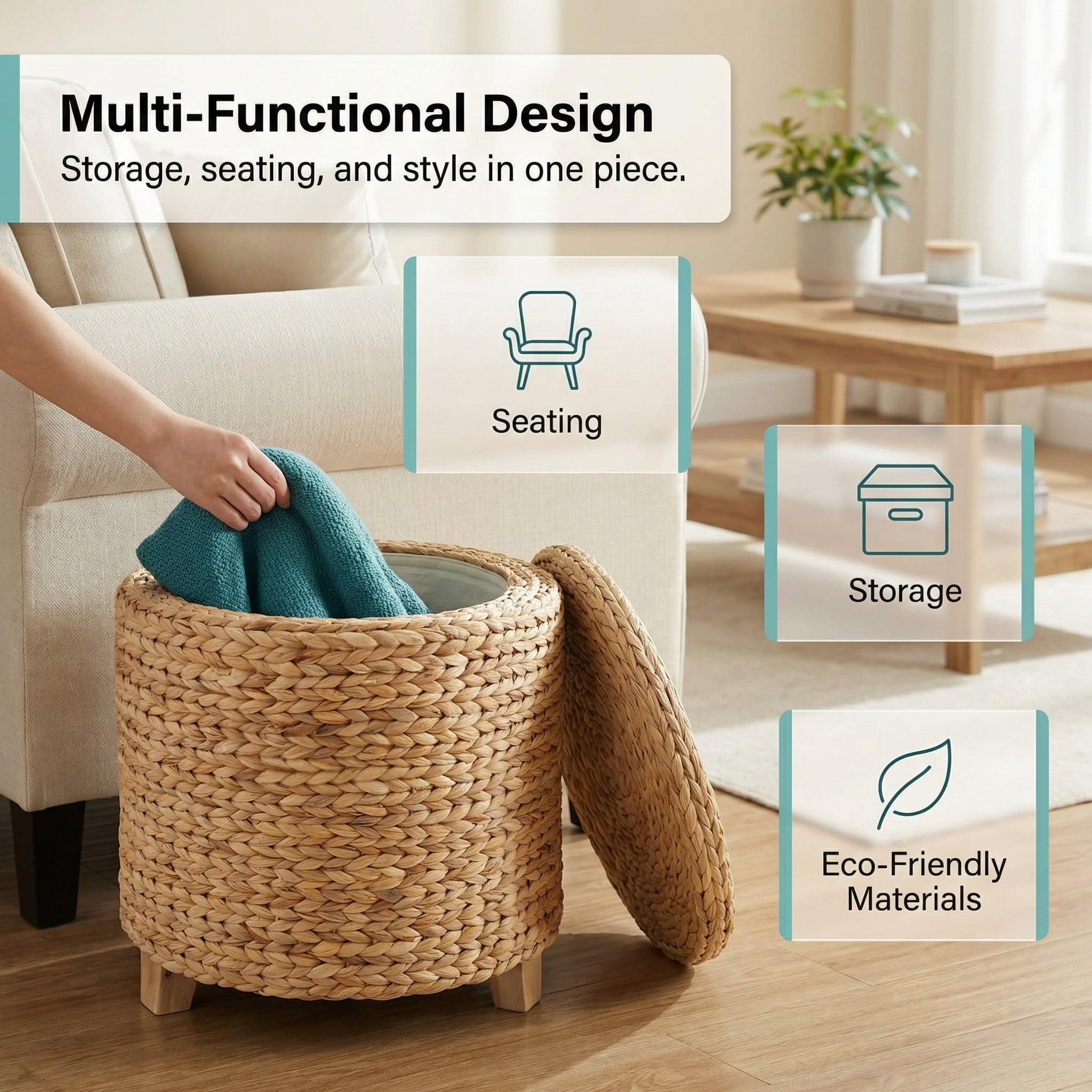 DEILSY Natural Water Hyacinth Round Storage Ottoman with Removable Lid, Fabric Liner & Wooden Feet – Handwoven Footstool Ottoman for Living Room, Bedroom & Entryway