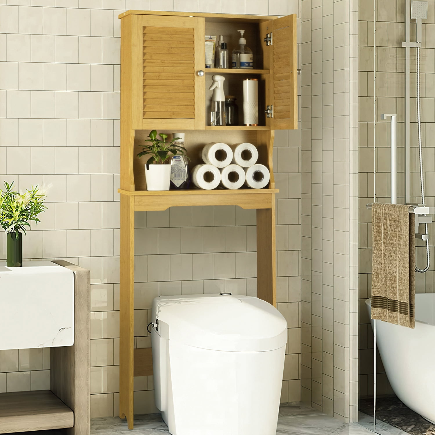 Kadyn Over The Toilet Storage Rack with Cabinet, Bathroom Space Saver with Open Shelf, Freestanding Bathroom Organizer, Rustic Brown Kadyn Over The Toilet Storage Rack with Cabinet, Bathroom Space Saver with Open Shelf, Freestanding Bathroom Organizer, Rustic Brown