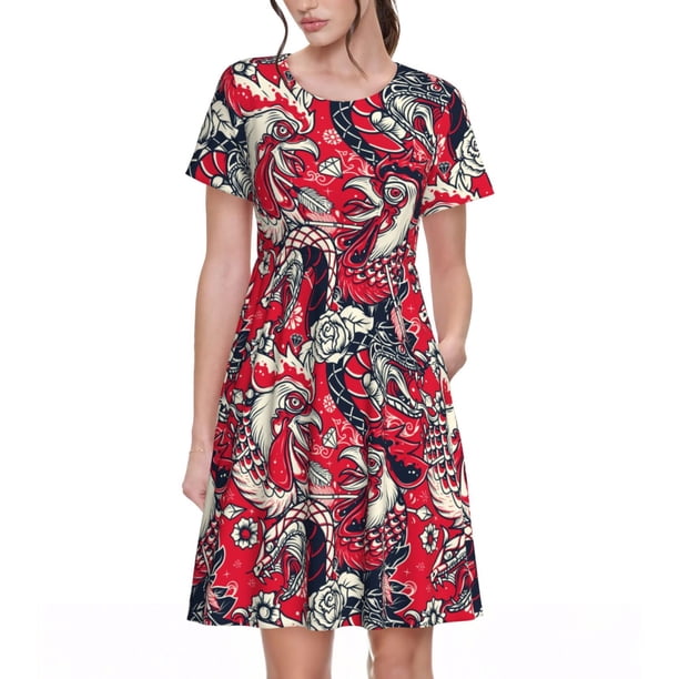 Easygdp Rooster Head para Vestido Transpirable de Mujer, Vestido Suelto de Manga Corta con Pliegues y Bolsillos para el Verano