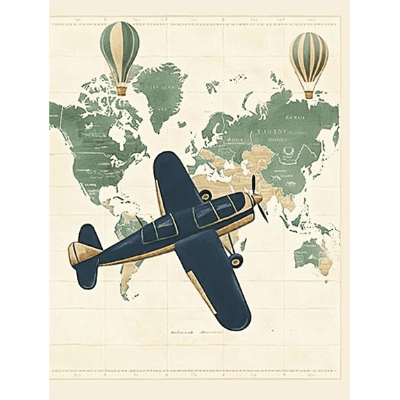 Vintage Airplane World Map Canvas Print/Decorative Painting，Suitable for Living Room，Bedroom，Office，Study，and Travel Themed Spaces.