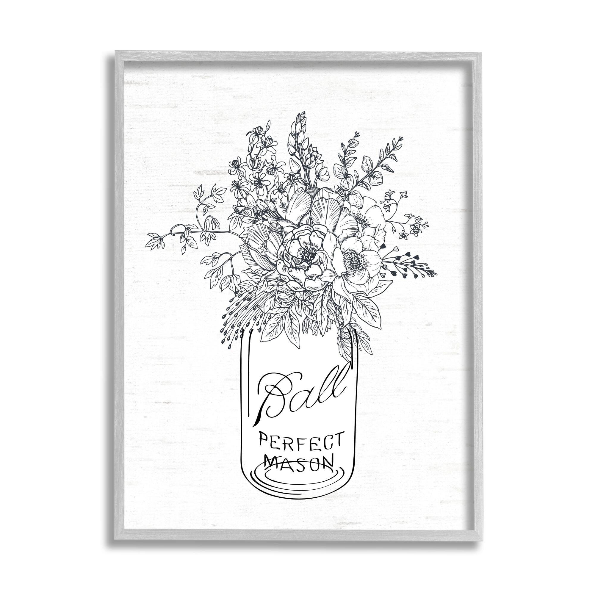 Stupell Industries Detailed Flower Bouquet Outline Drawing Rustic Jar Graphic Art Gray Framed Art Print Wall Art, Design by Lettered and Lined
