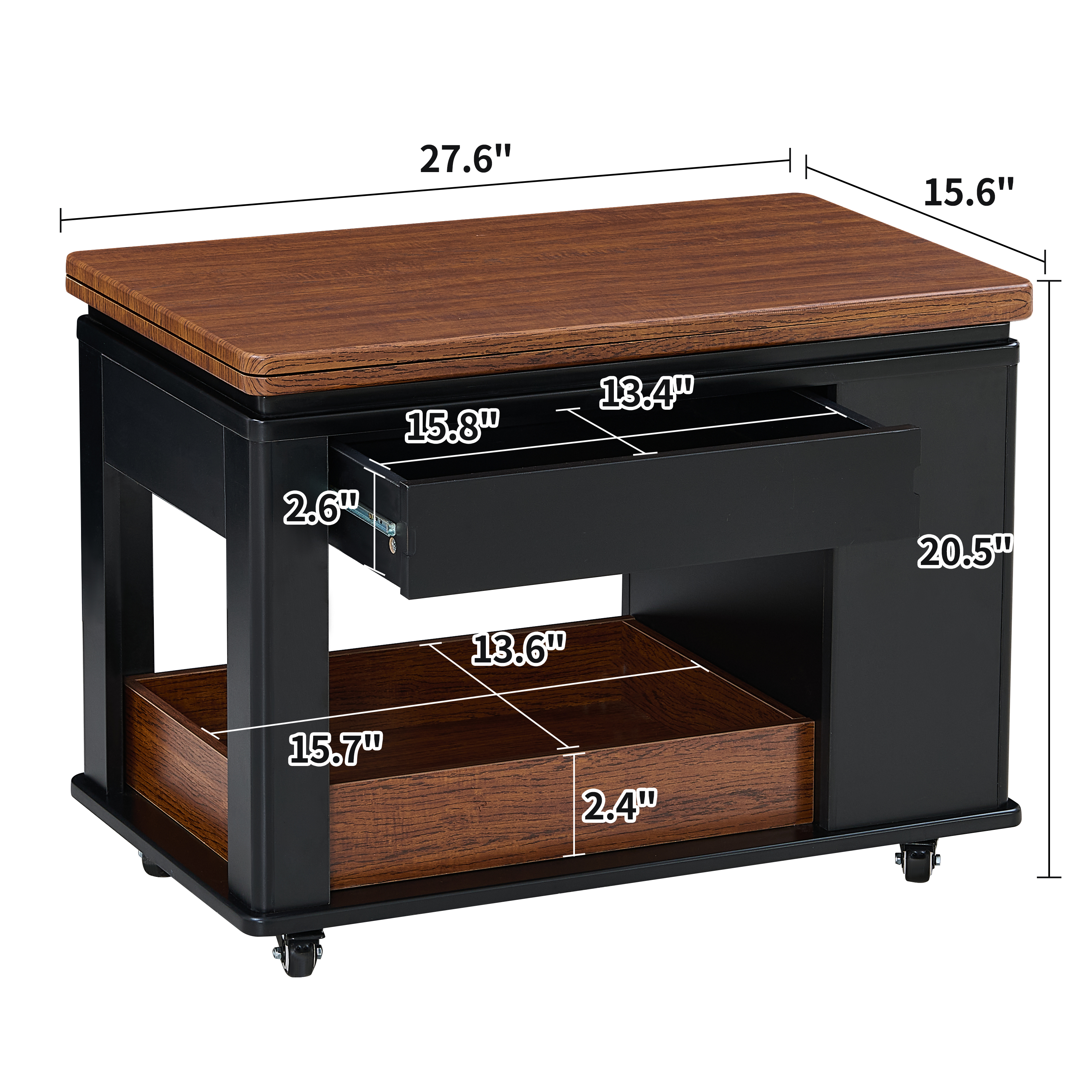 Euroco 27.6'' Modern Multi-Function Coffee Table/Side Table with Foldable Top & Casters, Multi-tier storage, Black & Walnut
