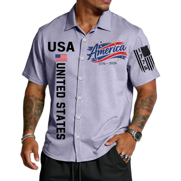 4th Of July Shirt for Men American Flag Printed Us 250 Year American Shirts Short Sleeve 1776-2026 Button Down Patriotic Tee for Memorial Day Independence Day Holiday Shirts,Purple S