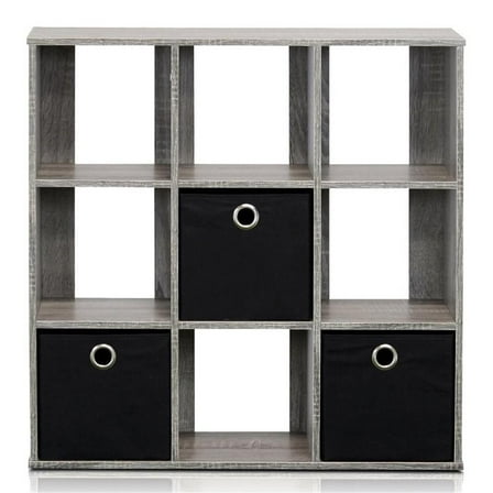Pemberly Row Engineered Wood 9-Cube Organizer with Bins in Gray/Black