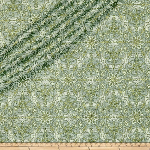 Quilting Treasures Basics Luminous Lace (Not actual lace!) Medallion Blender Metallic Cream/Forest 100% Cotton Fabric sold by the yard