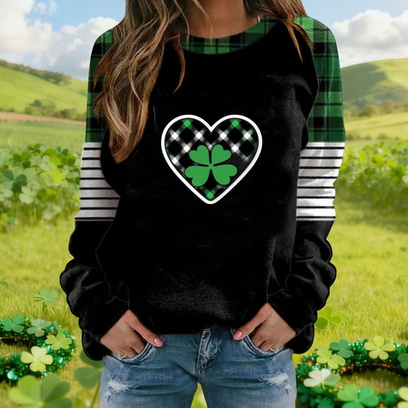Nfurl Plus Size St Patrick's Day Shirts for Women Long Sleeve Round Neck Shamrock Graphic Tee Green Plaid Irish Shamrock St Patty's Day T Shirt Black XXL