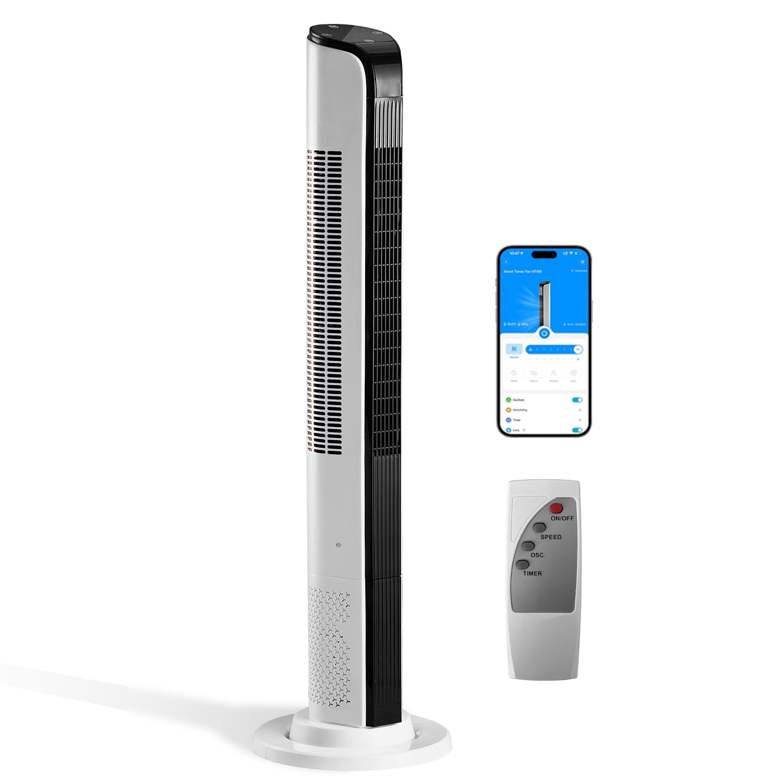 42 Inch Smart WiFi Tower Fan 65W All Copper Motor, APP Remote Button Control 3 Speeds 3 Wind Modes 12H Timer Slim Space Saving Tower Fan for Bedroom Home Office