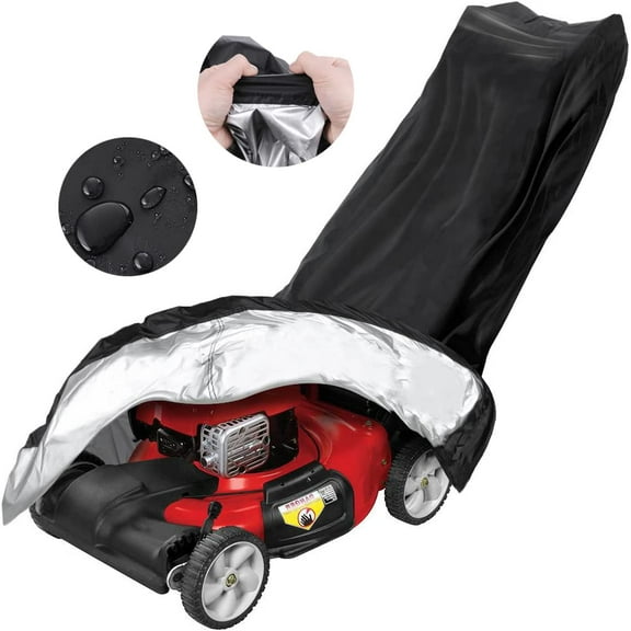 Outdoors Lawn Mower Cover - Heavy Duty Polyester Oxford Waterproof & Windproof Walk-Behind Lawn Mowers Cover with Drawstring & Cover Storage Bag, Black