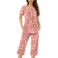 thumbnail image 2 of Today kttectoa Trendy Button Pleated Loungewear Summer Outfits Floral Graphic Crewneck Short Sleeve Elastic Waist Capri Two Piece Sets for Womens Nightout, 2 of 5