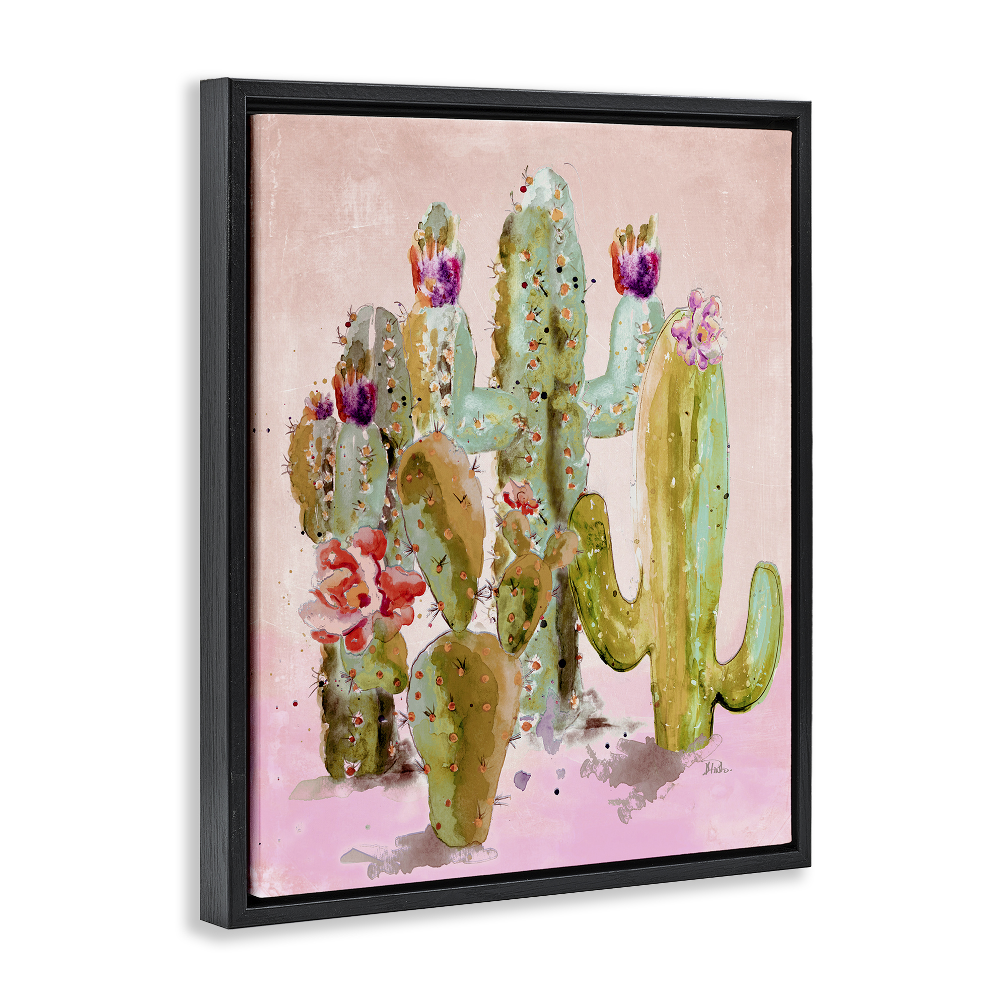 Stupell Industries Fun Floral Cacti Botanical & Floral Painting Black Floater Framed Canvas Art Print Wall Art, 25 x 31