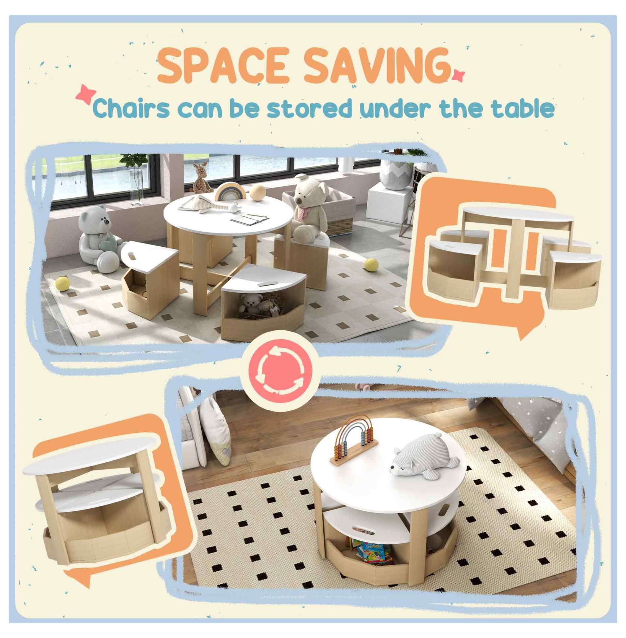 Qaba Kids Table and Chairs Set, 5 Piece Toddler Table and Chairs Set with Storage for Art, , Drawing, Playroom, Classroom, , White