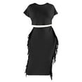thumbnail image 5 of ZAZYULZ Women's Solid Color Tassel Round Neck Short Sleeve Long Skirt Set(Black,S), 5 of 9