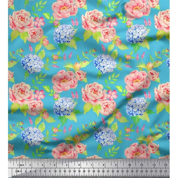 Soimoi Blue Cotton Duck Fabric Periwinkle & Peony Floral Fabric Prints By Yard 42 Inch Wide