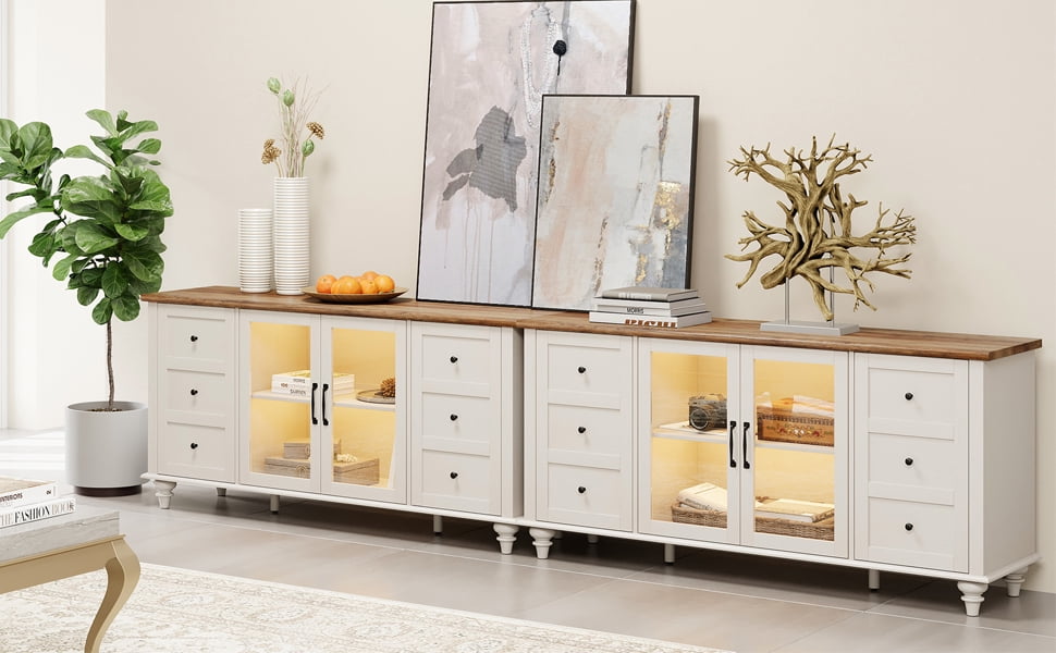Glass Door TV Stand with Blue Light Farmhouse Modern TV Stand for TVs up to 110 inches,White Entertainment Center with 16 LED Light for Living Room