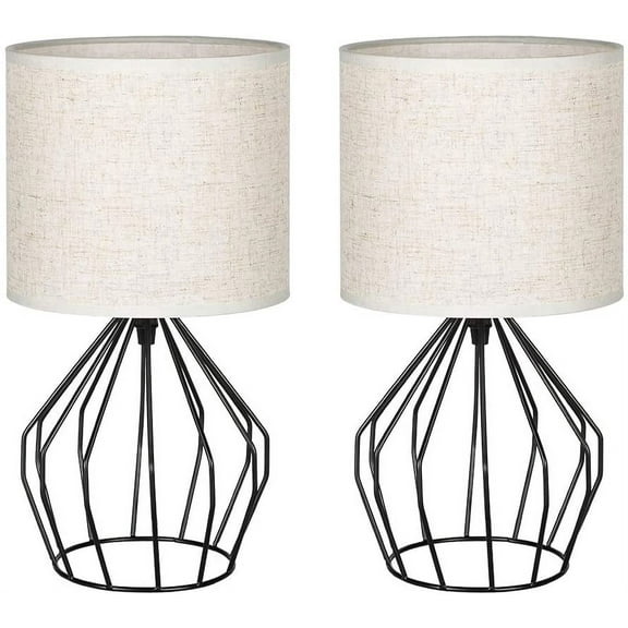 Bedside Table Lamps- Small Nightstand Lamp, Modern Style Black Hollowed Out Base with Linen Fabric Shade Lamps