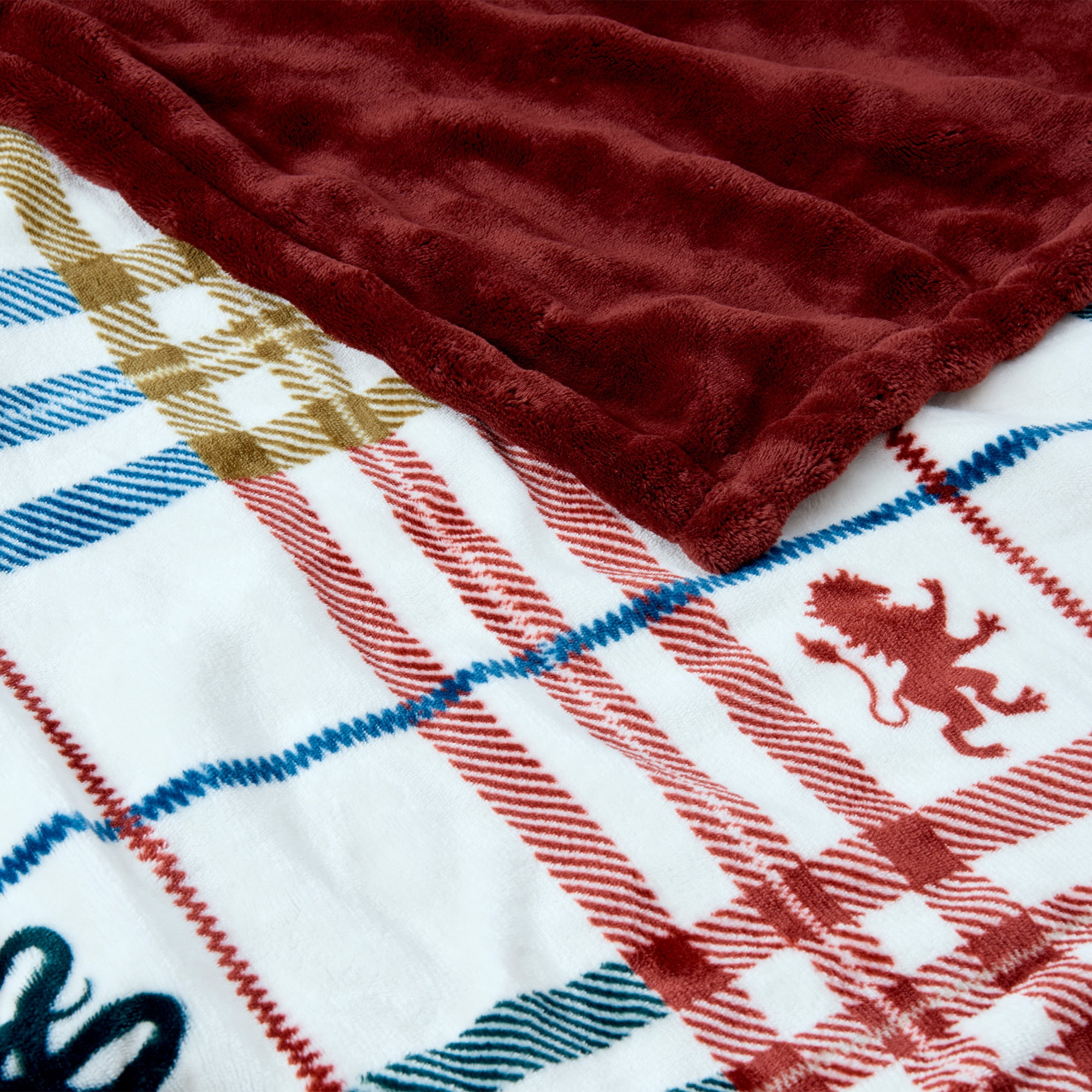 Harry Potter Academic Plaid Tartan Crest with Faux Leather Patch and Milky Mink Reverse Throw, 60x70 inches