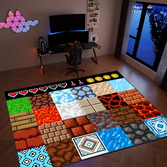 Game Rug Teen Boys Carpet with Pixel Game Element Decoration Mat 70" x 55" , 8 Bit Old Game Rugs for Boys Bedroom Living Room Playroom, Non-Slip Children Gaming Area Rugs