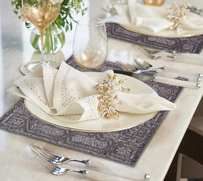 Gray Beaded Placemats Set of 2 for Dining Coffee Table Scratch Heat Stain Resistant Charger Kitchen Decor Durable Tablemats - Fall Autumn Thanksgiving Holiday - 15 Inches