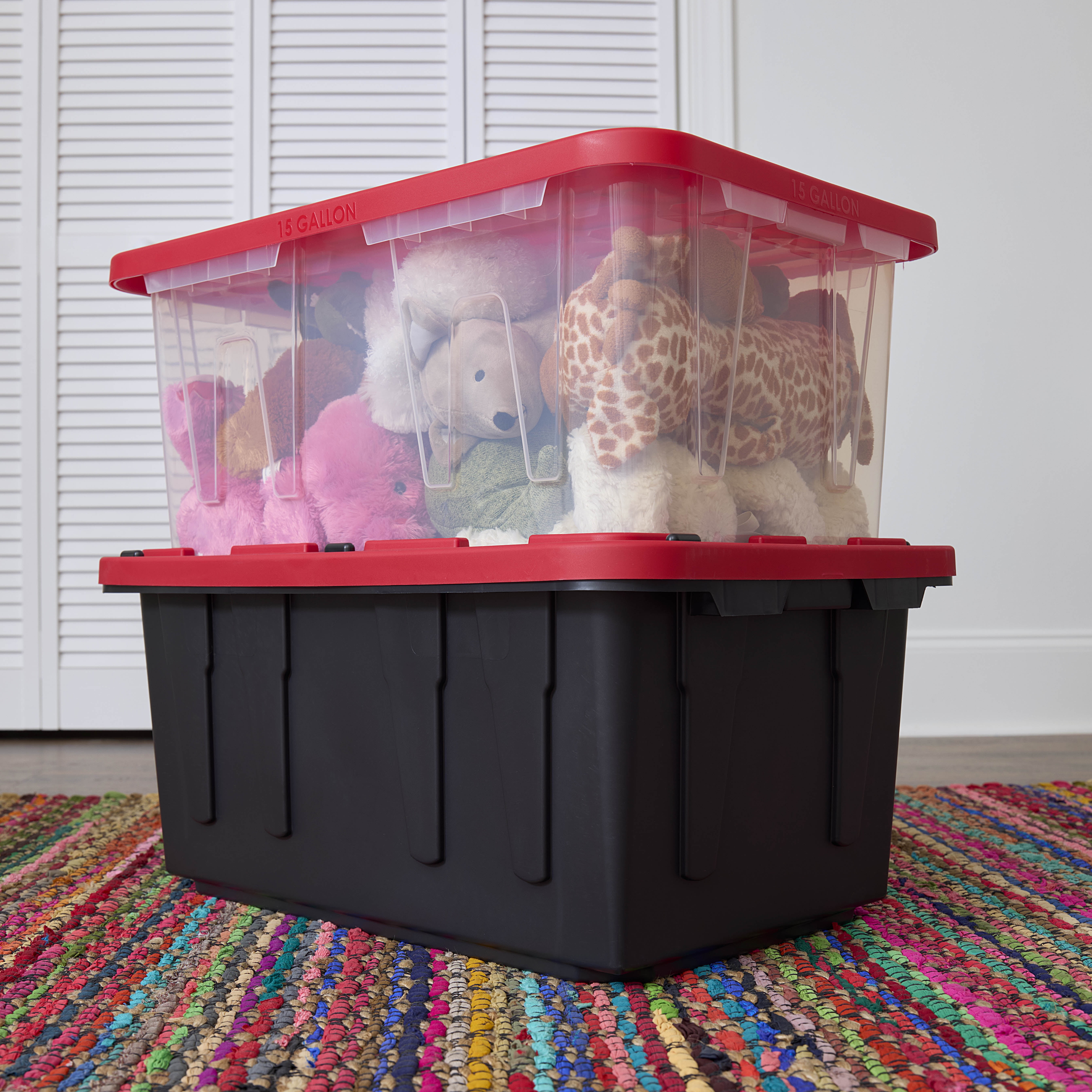 15 Gallon Clear Plastic Storage Bins With Red Snap Lock Lids - Heavy Duty Stackable Containers For Garage, Attic & Holiday Decor
