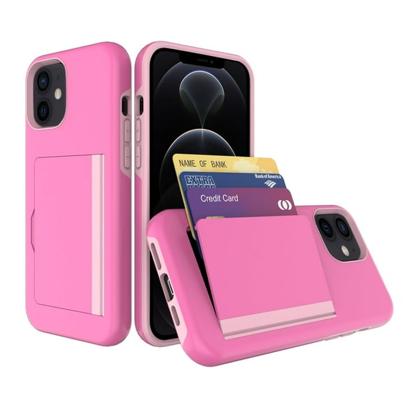 For APPLE IPHONE 12 MINI Phone Cases, Wallet Hard Case TPU PC Hybrid 2-in-1 Flip Card Holder Phone Cover for Apple iPhone 12 Mini In Pink
