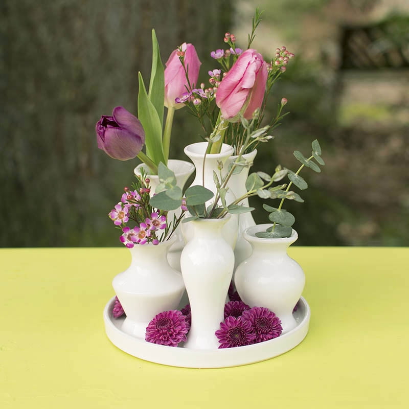 Table Decor Ceramic Vase Cluster on Tray Set Round Bud Vase Centerpiece