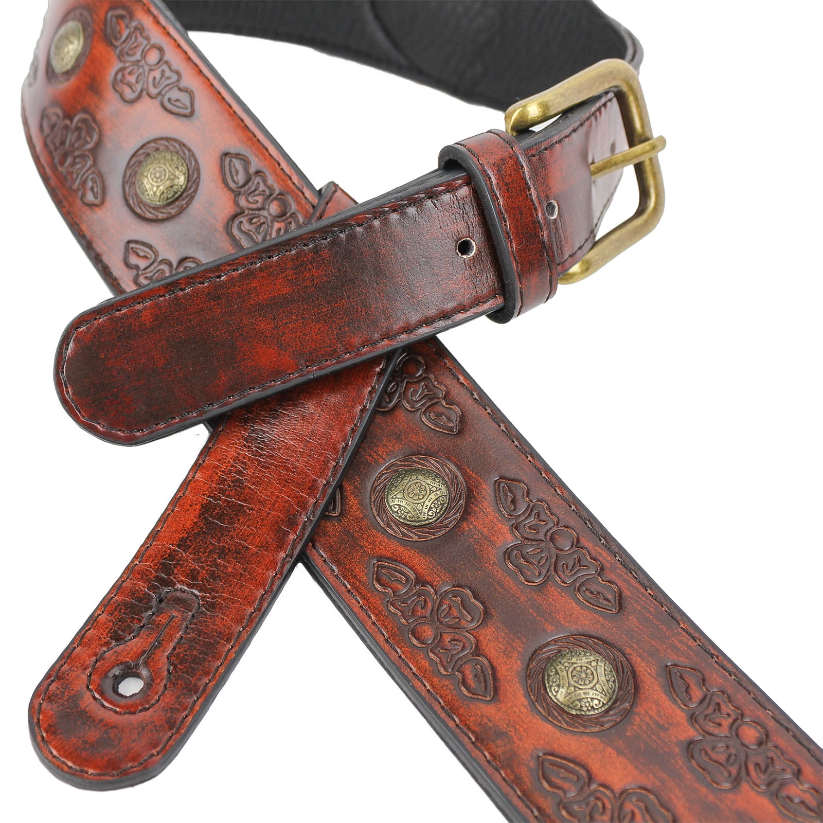 Walker & Williams Antique Cherry Padded Leather Guitar Strap with Brass Coin Studs Walker & Williams GE-202