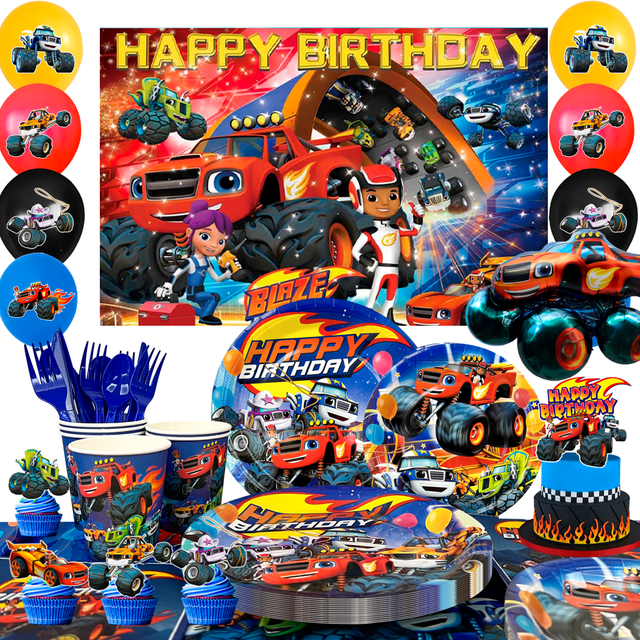 Fournitures de Fête Monster Truck, 140 Pcs Décorations d'Anniversaire Monster Truck & Vaisselle - Assiettes Rouges Serviettes Nappe Toile de Fond Ballons Etc Ensembles de Fête