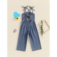 thumbnail image 6 of Yunliwuli Little Girl Sleeveless Denim Jumpsuit Solid Color Tie Shoulder Strap Cut Out Wide Leg Overalls Romper, 6 of 10