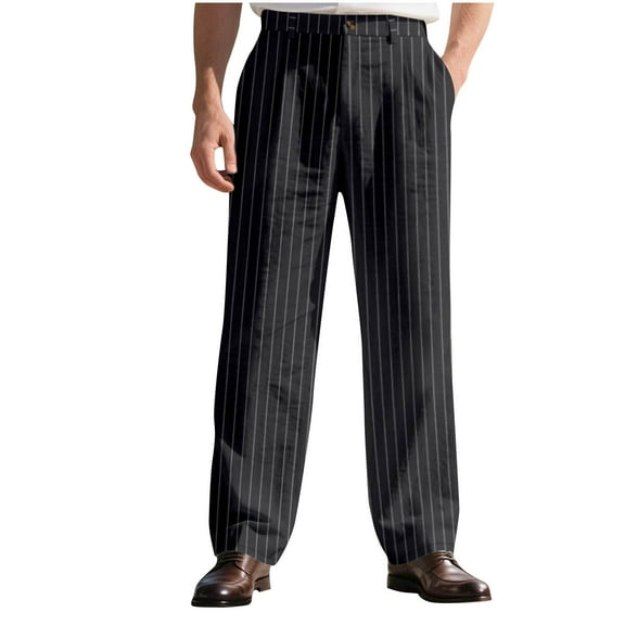 Taqqpue Mens Casual Cotton Linen Pants Solid Color Button Straight Wide Leg Pants Loose Fit Striped Workout Hiking Athletic Long Trousers with Pockets