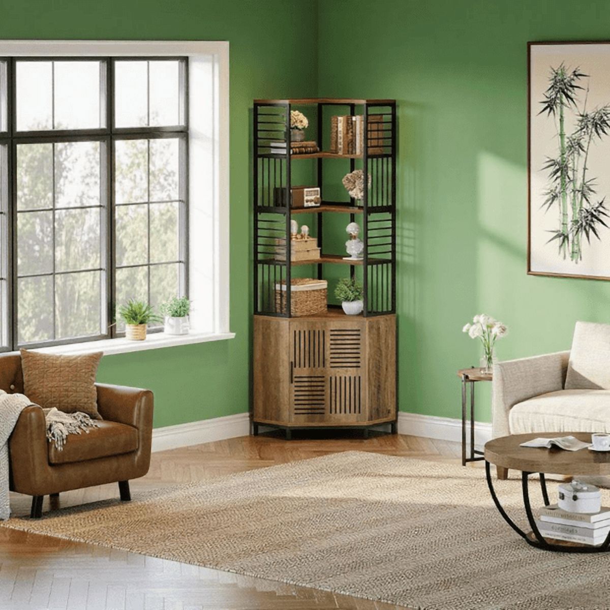 5-Tier Corner Storage Cabinet with Door, MDF & Metal Frame, Industrial Style for Living Room/Home Office/Balcony