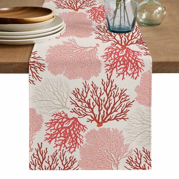 Red Coastal Table Runner, Vintage Coral Ocean Modern Sea Abstract Washable Cotton Linen Table Runners 72 Inches Long, Dresser Scarf Runner for Dining/Coffee/Kitchen/TV Stands/Cabinets 13''x72''