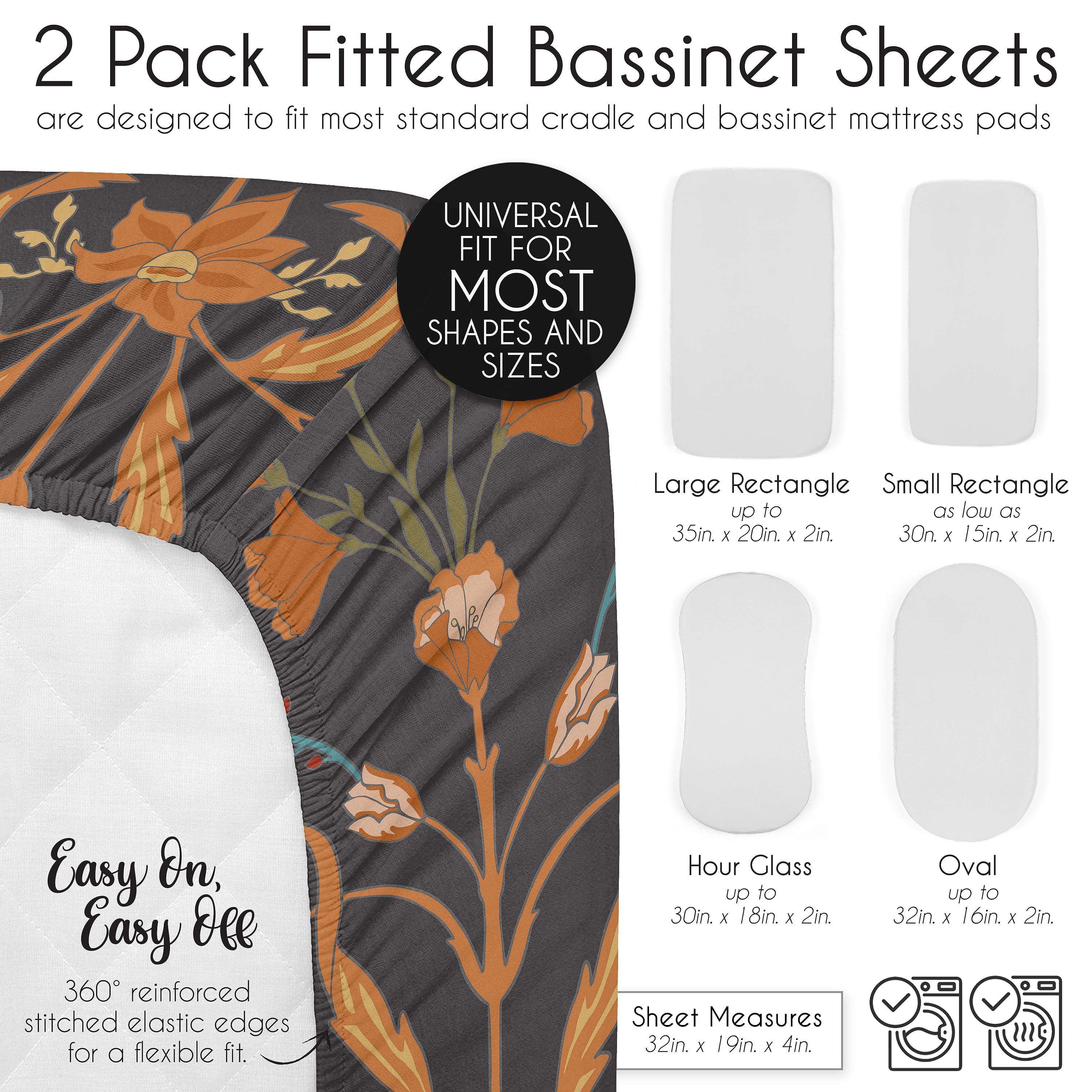 Sweet Jojo Designs Boho Floral Wildflower Black Orange and Blue Baby Bassinet Fitted Sheets 2 Piece Set