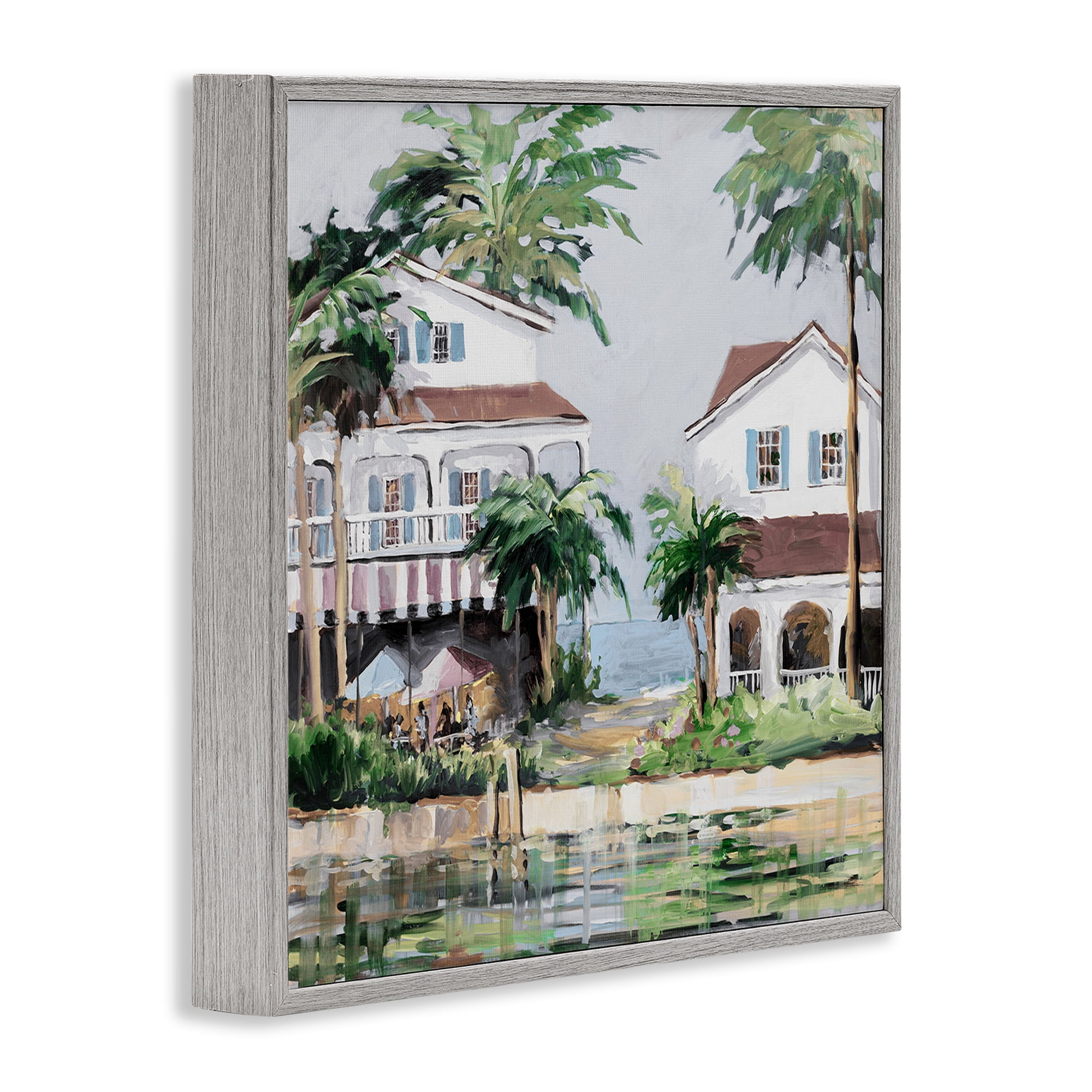 Stupell Industries Coastal Bay Cottages Coastal Painting Gray Framed Art Print Wall Art, 24 x 24
