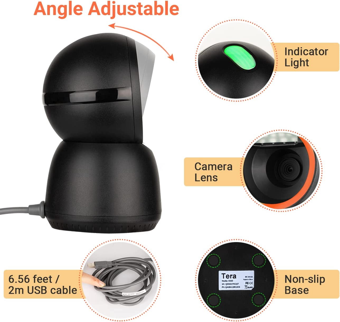 Tera 2D QR Omnidirectional Desktop Barcode Scanner (Attachable & Stable) Hands Free USB Wired Platform Bar Code Reader for POS System Supermarket Retail Store Shop Warehouse Screen Payment 9300