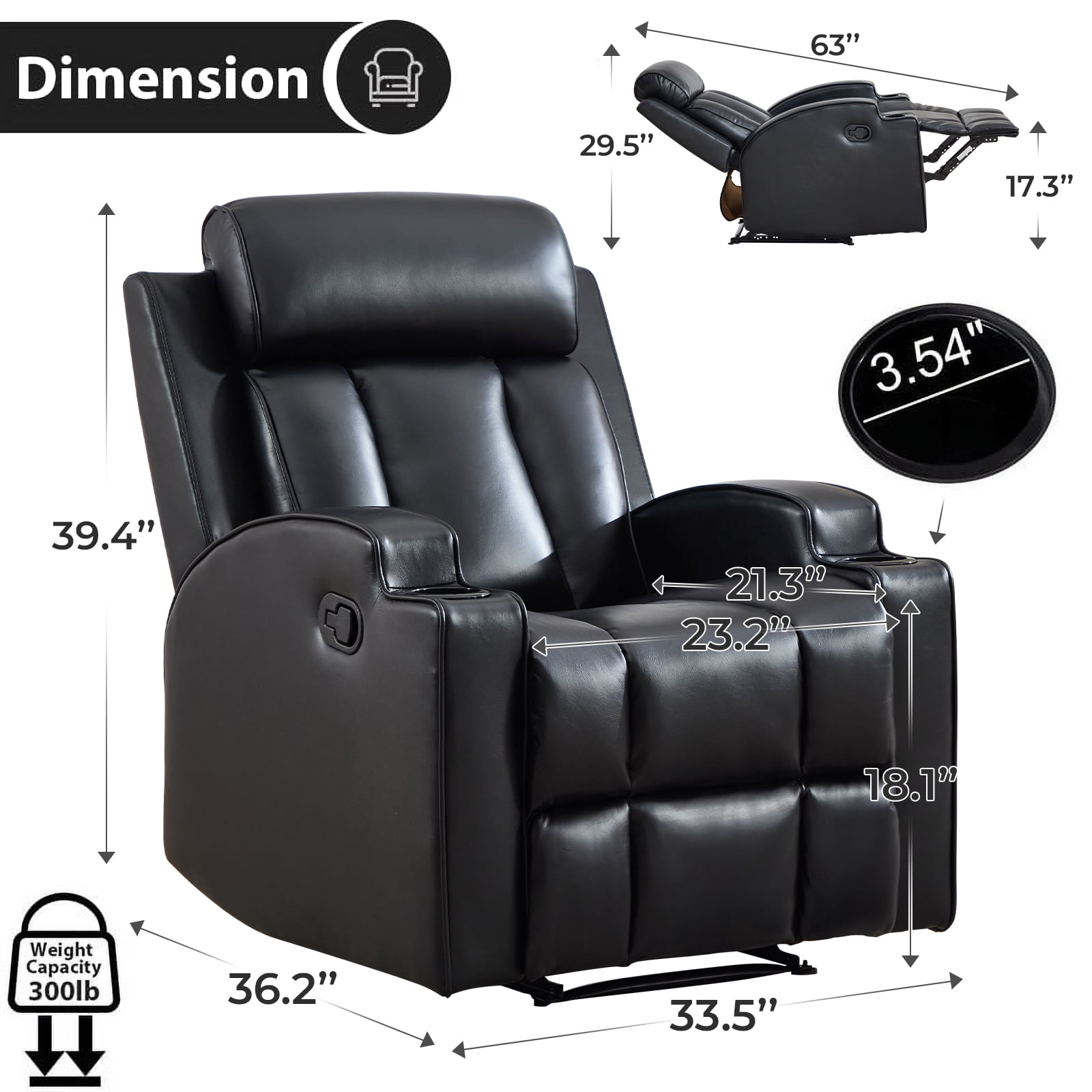 Ebello Manual Reclining Chair, PU Leather Modern Overstuffed Recliner with Cup Holders for Living Room & Home Theater, Black