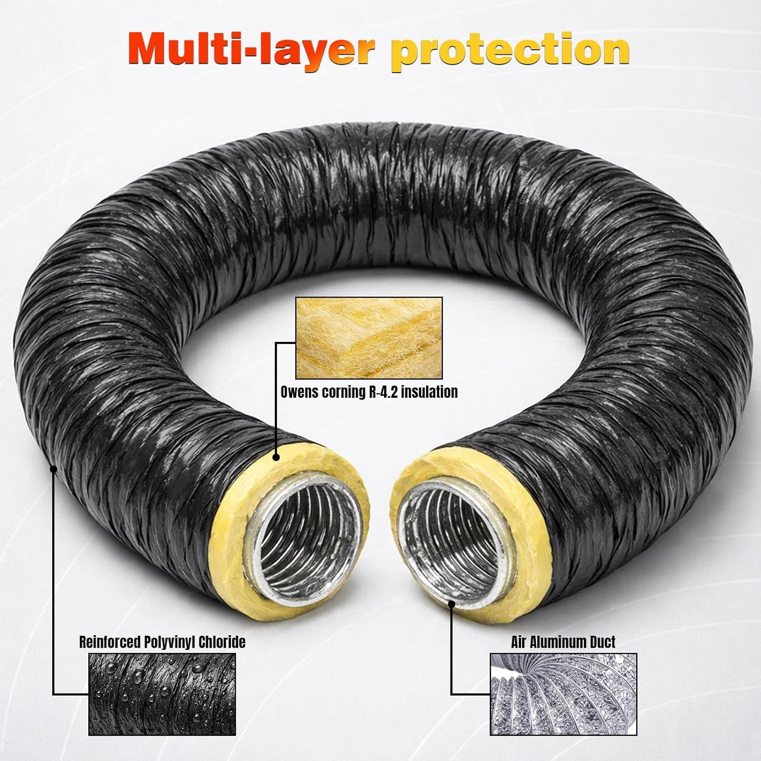 4 Inch Insulated Flexible Duct 25 FT, R4 HVAC Flex Duct Black Jacket, Owens Corning Fiberglass, Ventilation
