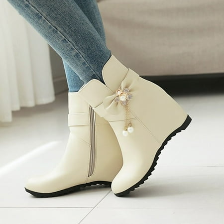 

Teacher Appreciation Gifts POROPL Womens Shoes Booties Winter Pearl Round Toe Bow Decorative Wedge Solid Color Booties for Lady Beige Size 35(US:4.5)