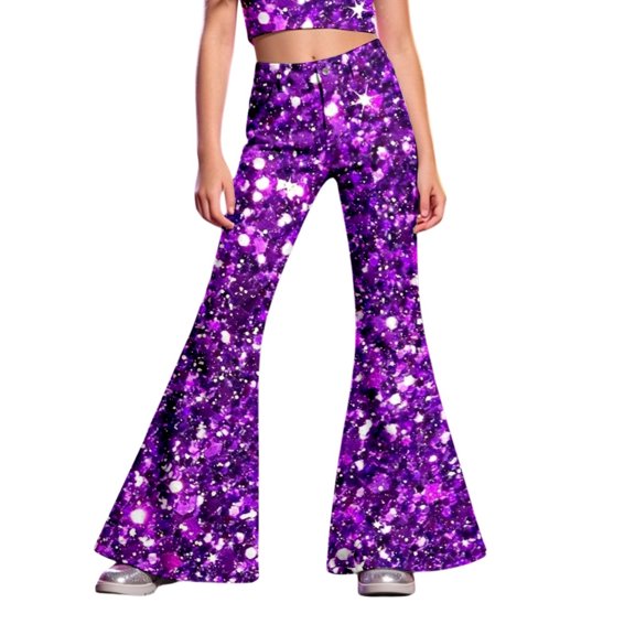 Afdoent Girls Pants Sequin Flare Pants High Waist Bell Bottoms Performance Dance Pants for Kids Stage Shows Party Wear 13-14 Years