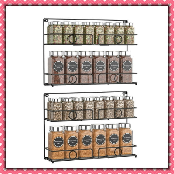 2 Pack 2 Tier Spice Rack Organizer Freestanding & Wall Mount Spice Jars Organizer Metal Wire Design for Kitchen Counter-top (Black)
