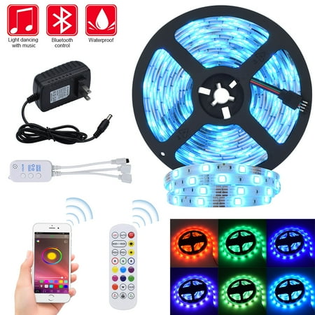

5M LED Strip Lights RGB Strips Tape Light 150 LEDs SMD5050 Waterproof Music Sync Color Changing + Bluetooth Controller + 24Key Remote Control Decoration for Home TV Party